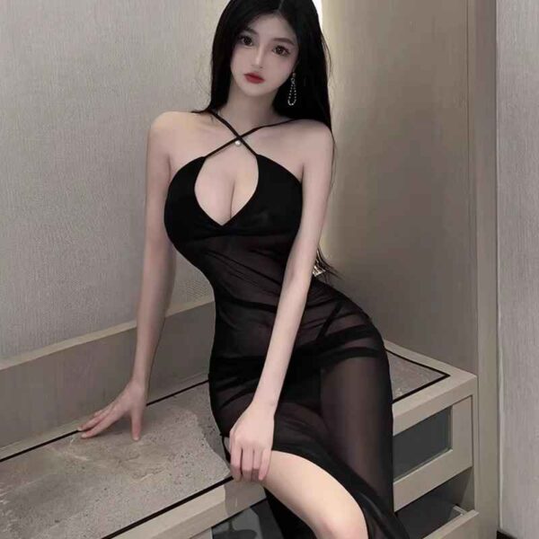 Nightclub bar clothes see-through mesh suspender skirt women's clothing show figure high waist slit long dress