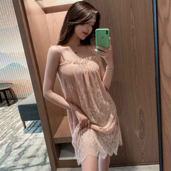 Suspender Nightdress Ice Silk Sexy Black Mesh Lace Low-cut Skirt Home Clothes - Image 5