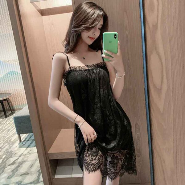 Suspender Nightdress Ice Silk Sexy Black Mesh Lace Low-cut Skirt Home Clothes